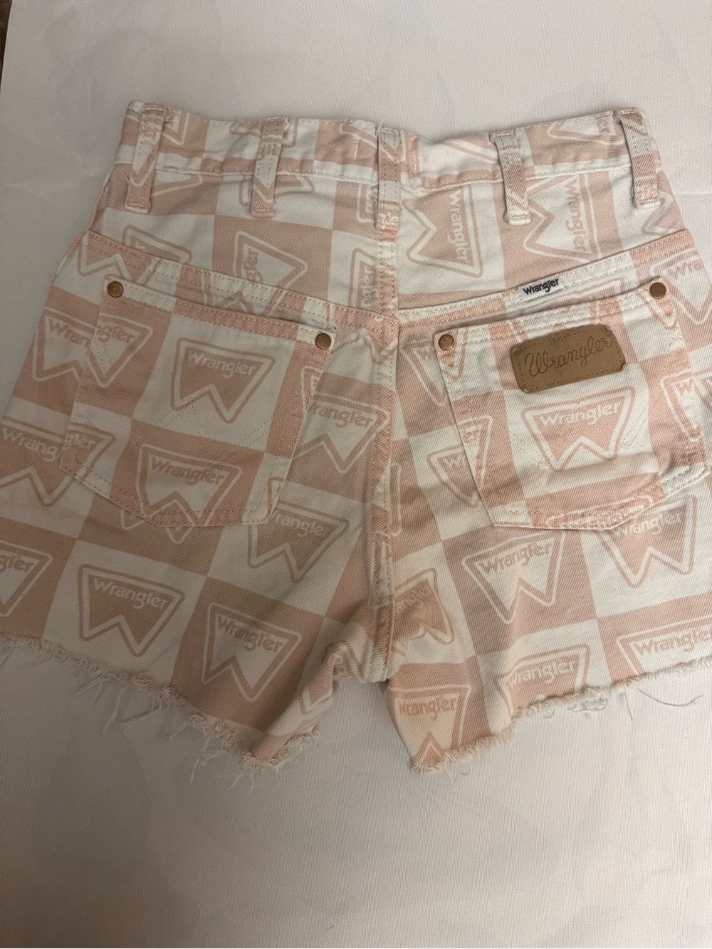 Wrangler Pink and White Checker Logo Denim Cutoff Shorts